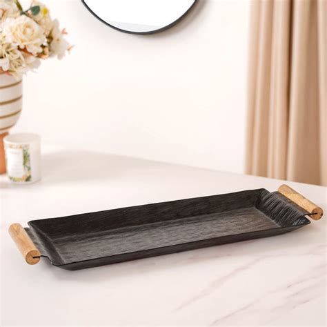 Matte Black Rectangle Metal Tray With Wooden Handle 19x6 Inch Online ...