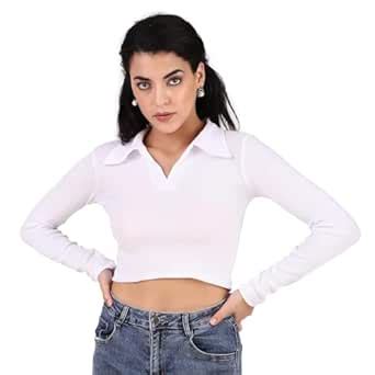 Aura Fashion Polo Collar Full Sleeves Crop Top Rib Knit Tank top (Small ...