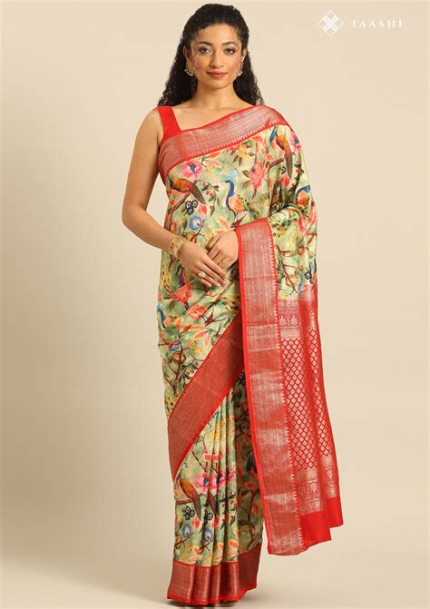 Buy Green Nature InspiRed Printed Silk Saree Online - Taashi