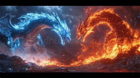 Epic Confrontation Ice and Fire Dragons Digital Art Fantasy Realm Stock ...