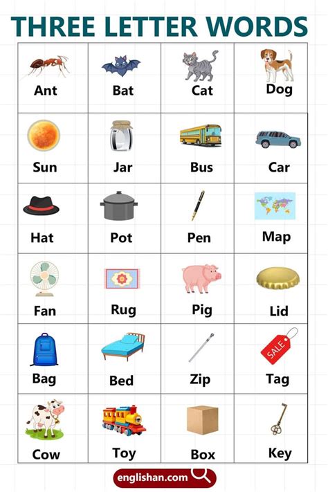 Three Letter Words for Kids in English | Three letter words, 3 letter ...