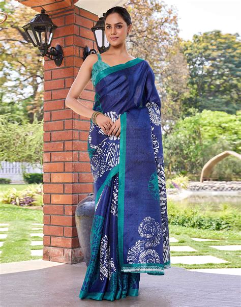 Dark Blue Cotton Blend Warli Printed Saree – Sudathi