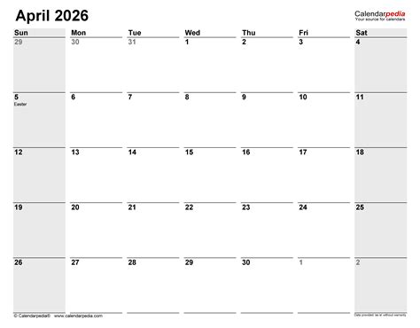 April 2026 Calendar | Templates for PDF, Excel and Word