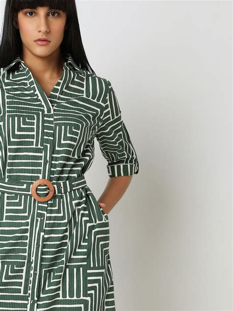 Green Geometric Print Shirt Dress
