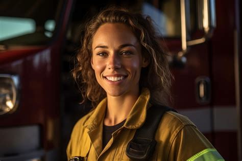 A smiling female firefighter in front of the fire truck with generative ...