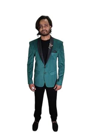 Buy Men’s Teal Green Velvet/Satin Single-Breasted Blazer with Black ...