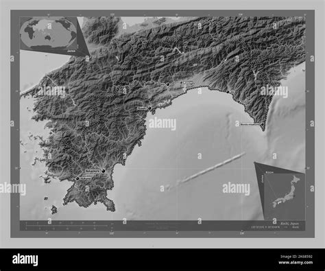 Kochi, prefecture of Japan. Grayscale elevation map with lakes and rivers. Locations and names ...