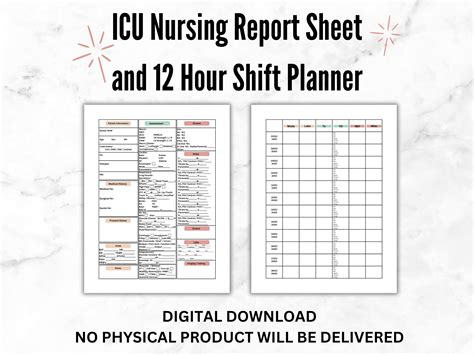 ICU Nursing Report Sheet and 12 Hour Shift Planner, ICU Report Sheet ...
