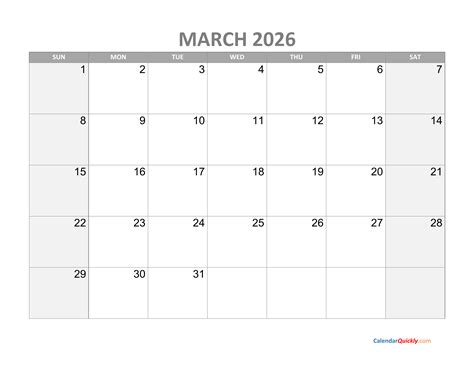 March Calendar 2026 with Holidays | Calendar Quickly