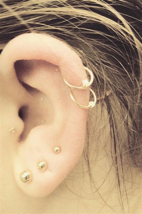 double helix, tragus, 3 lobe, gold earrings, cartilage, fashion ...