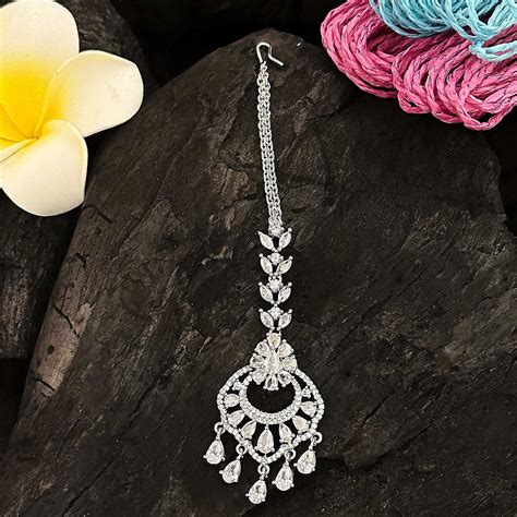 Shimmering Chandbali Floral Maang Tikka | Festive Rhodium Silver ...