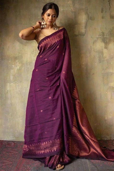 Wine Floral Woven Lichi Banarasi Silk Saree