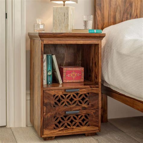 Cherry Wood Sheesham Wood PU Polish Bedside Table with 2 Drawers for ...