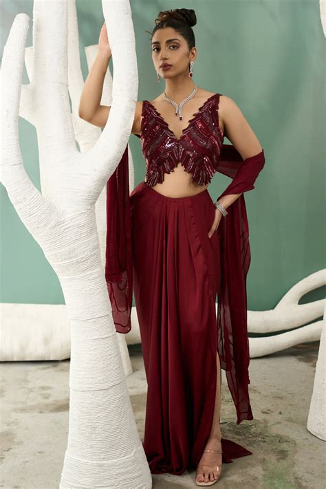 Burgundy Drape Skirt And Cutwork Top – AGASHE