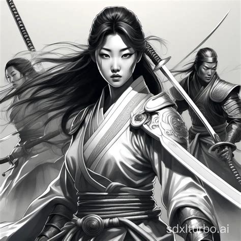 Korean Warrior Duo in Monochrome Editorial Illustration Style | SDXL Free Online