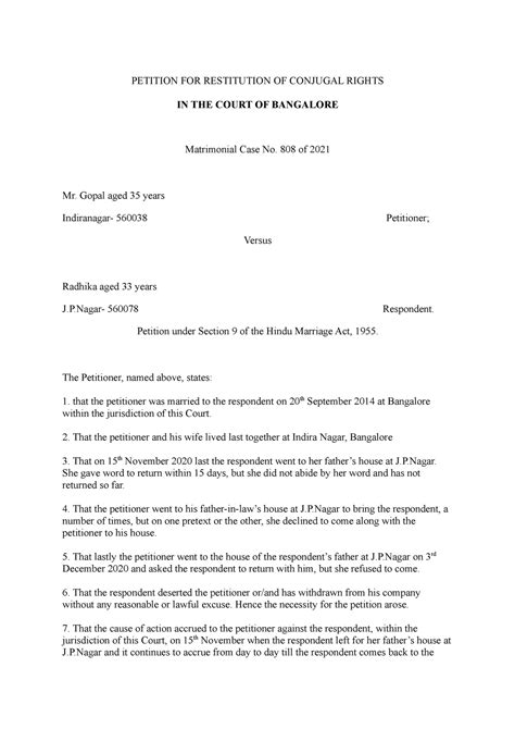 DPC- Conjugal rights - DPC - PETITION FOR RESTITUTION OF CONJUGAL ...