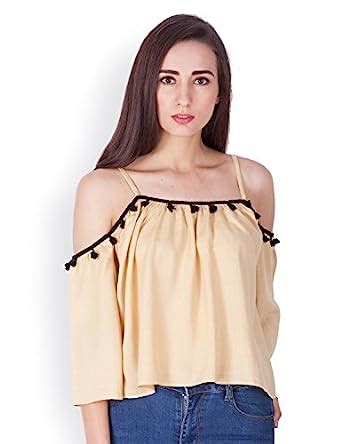 MUSTARD YELLOW COLD SHOULDER POMPOM TOP (Large) : Amazon.in: Clothing ...