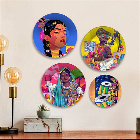 Rajasthani Vibes Pop Folk Art Premium Wall Plates Painting Set of Four ...