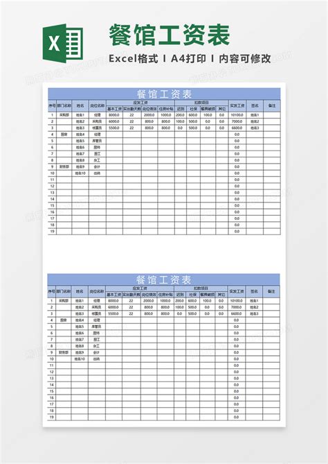 淡蓝简约餐馆工资表Excel模板下载_熊猫办公