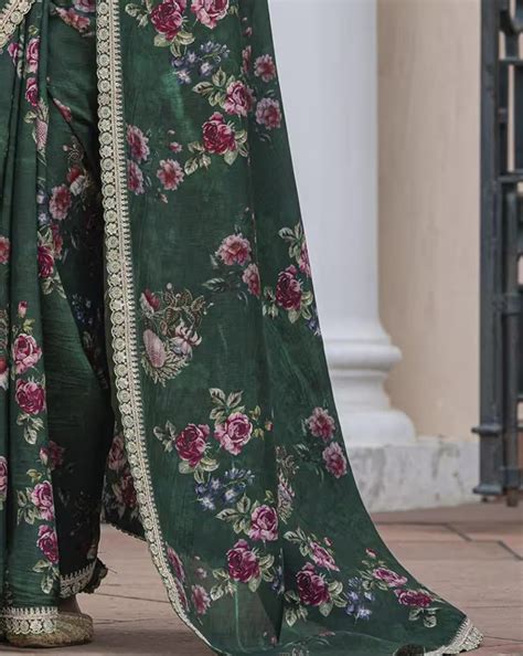 Dark Green Pure Viscose Dola Silk Saree with Floral Print – Maharanisaree