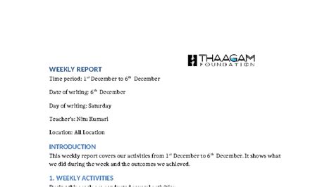 Weekly Report (Nitu Kumari) 1st-6th Dec Activities & Outcomes - Studocu