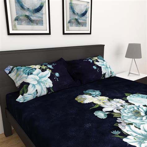 Buy Blue Radiance Blue Printed Cotton Double Bedsheet Set- 3Pcs from ...