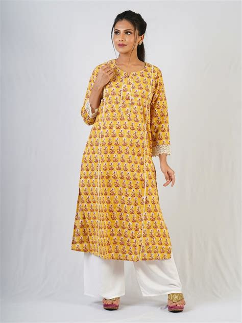 Yellow Hand Block Printed Kurta | Floral Printed Dresses – OnlyPaithani