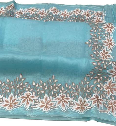 Blue Chikankari Embroidered Organza Saree - Luxurionworld