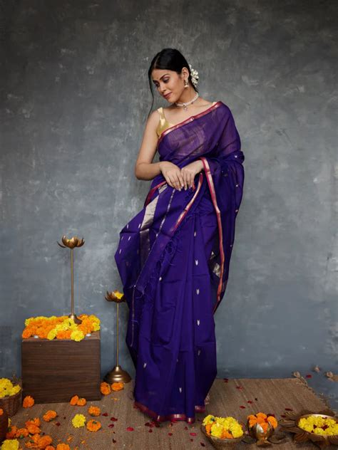 Fantabulous Navy Blue Cotton Silk Saree With Embellished Blouse Piece ...