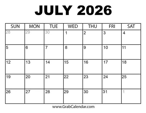 Printable July 2026 Calendar