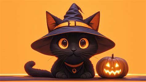Black Cat Halloween Seasonal Pumpkin Head Animals 4K Wallpaper — Free ...