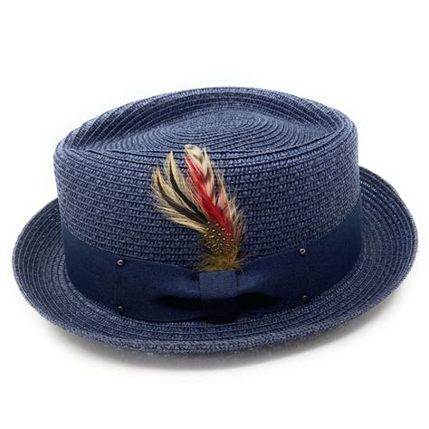 Straw Diamond Crown Pork Pie Hat with Removable Feather - Black