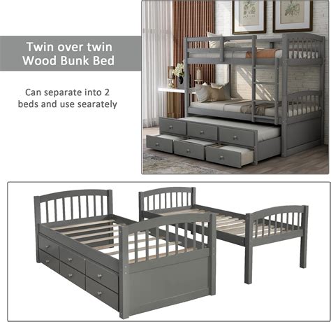 Buy Twin Over Twin Bunk Bed with Trundle, Wooden Bunk Bed Frame with 3 ...