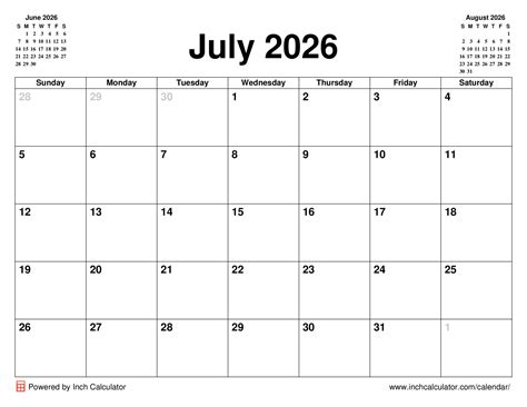 July 2026 Calendar - Inch Calculator