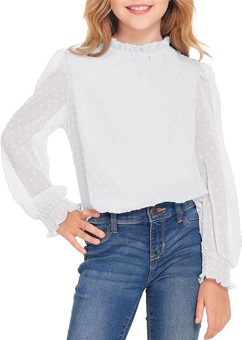 Oudiya Girls Long Sleeve White Shirts Chiffon Swiss Dot Blouses Frill ...