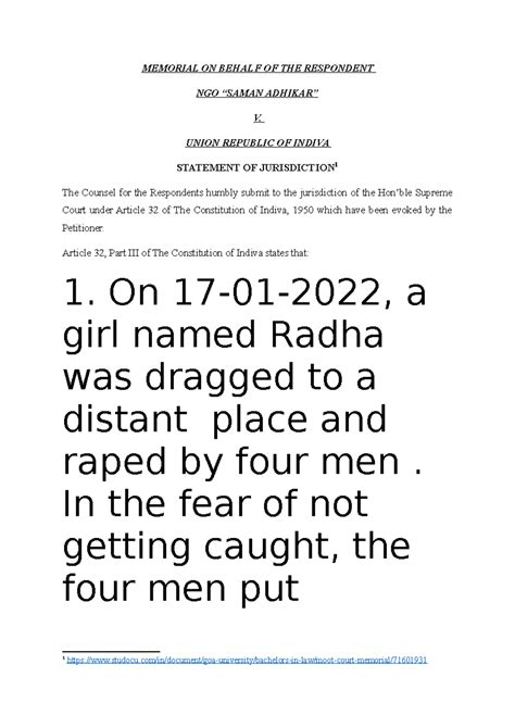 Memorial on Behalf of the Respondent - Constitutional Law (Notes) - Studocu