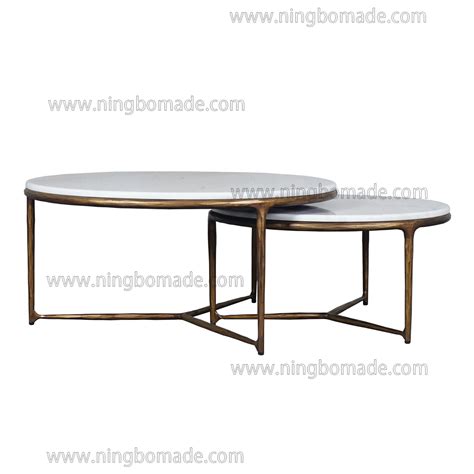 White Marble Top Antique Brass Solid Iron Base Nest Coffee Table - Nest of Table and Coffee Table
