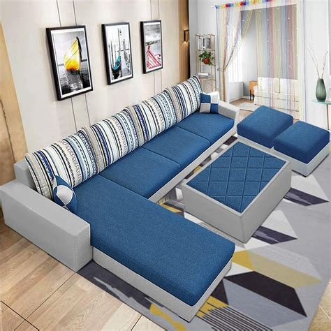 CASASTYLE Adona 8 Seater LHS L Shape Fabric Sofa Set (Blue-Grey ...
