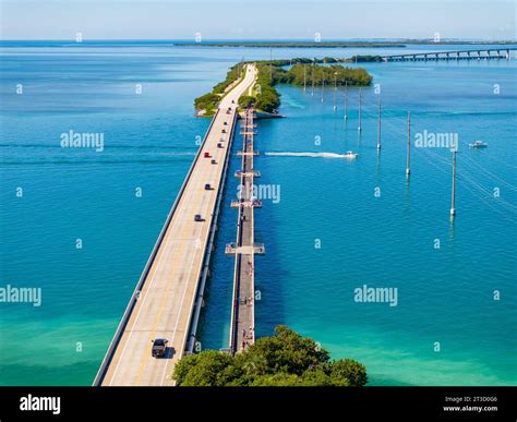 Aerial photo overseas highway bridge and fishing bridge in the Florida ...