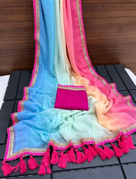 Sky Blue Ombre Georgette Party Wear Saree – EthnicsLand