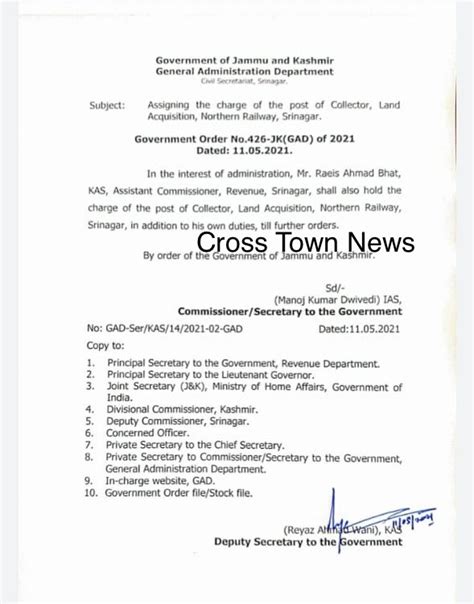 J&K: Assigning of charge of Collector Land Acquisition