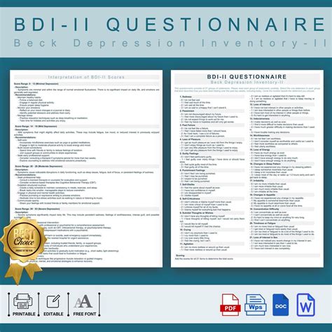 Printable Beck Depression Inventory (BDI-II) Questionnaire, Editable ...