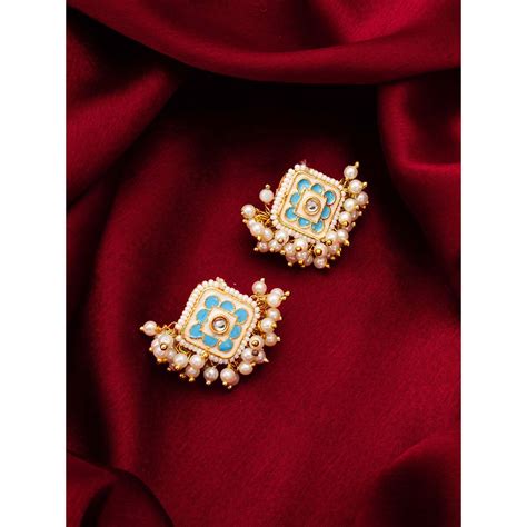 Buy Aadita Women Blue Gold Plated Pearl Stud Earrings Online