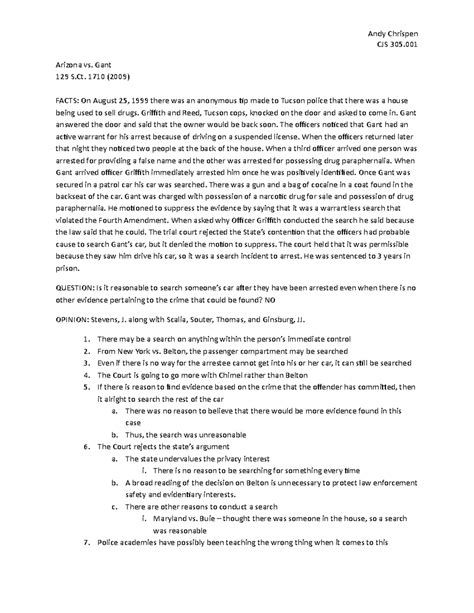 Arizona vs Gant - case brief - Andy Chrispen CJS 305. Arizona vs. Gant ...