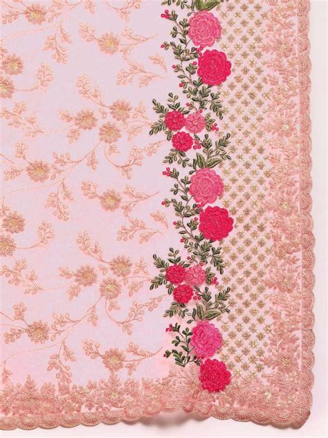 Buy Peach Embroidered Net Saree Online at Rs.3079 | Libas
