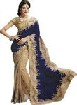 Net And Velvet Party Wear Half N Half Saree In Beige And Blue Color