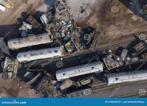 Aerial View of a Demolition Train a Derailed Train with Several Wagons ...