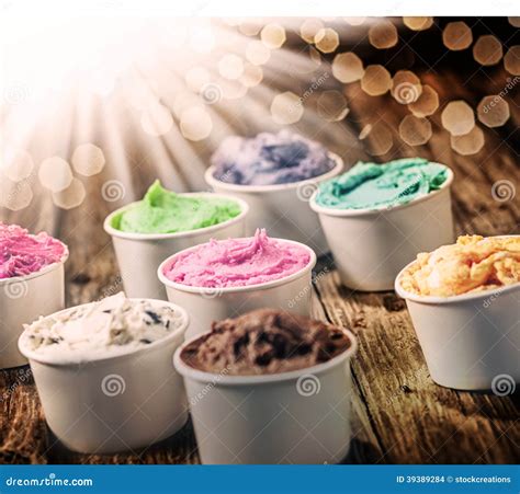 Selection of Colorful Tubs of Ice Cream Stock Photo - Image of brown ...