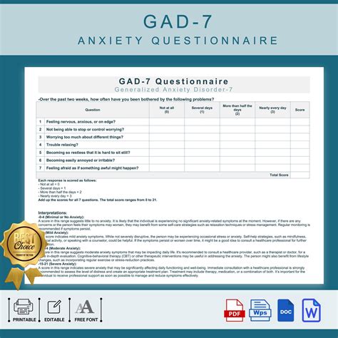 GAD-7 Anxiety Questionnaire, Generalized Anxiety Disorder Screening ...