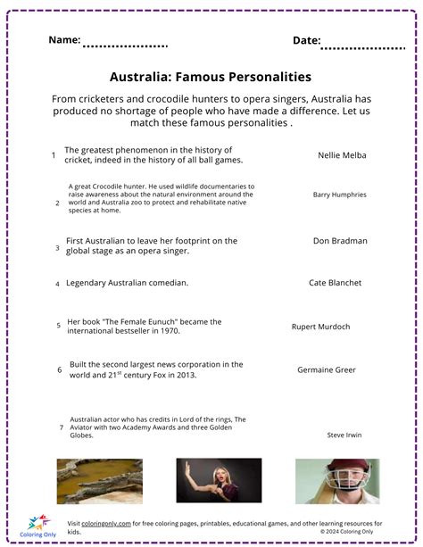 Australia: Famous Personalities free Printable Worksheet